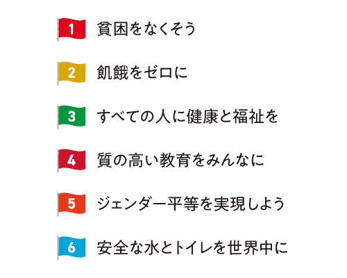 1.貧困をなくそう 2.飢餓をゼロに 3.すべての人に健康と福祉を 4.質の高い教育をみんなに 5.ジェンダー平等を実現しよう 6.安全な水とトイレを世界中に